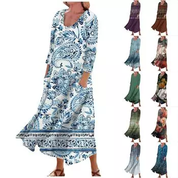 Женское повседневное удобное хлопковое карманное платье с цветочным принтом и рукавами три четверти L синий