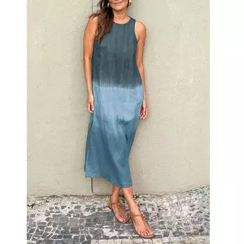Женское повседневное удобное хлопковое льняное платье без рукавов с круглым вырезом с градиентным принтом S синий