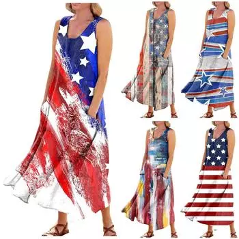 Женское повседневное удобное хлопковое платье с карманами без рукавов и принтом ко Дню независимости XL серый