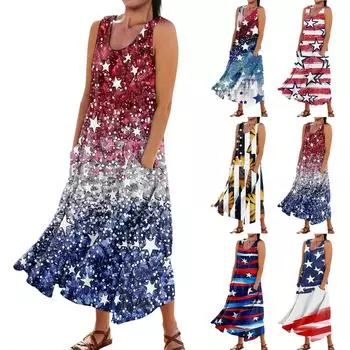 Женское повседневное удобное хлопковое платье с карманами без рукавов и принтом ко Дню независимости L