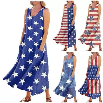 Женское повседневное удобное хлопковое платье с карманами без рукавов и принтом ко Дню независимости XL синий