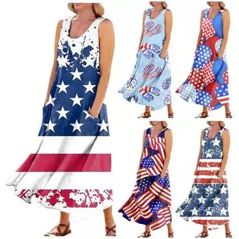 Женское повседневное удобное хлопковое платье с карманами без рукавов и принтом ко Дню независимости XXXXL