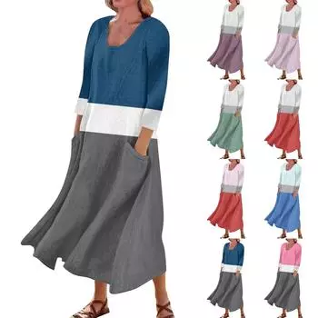 Женское повседневное удобное хлопковое платье с карманами и рукавами три четверти L синий