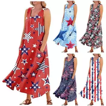 Женское повседневное удобное хлопковое платье с карманами без рукавов и принтом ко Дню независимости XXL красный