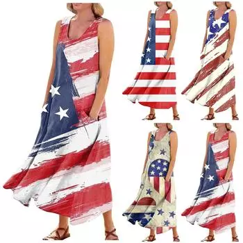 Женское повседневное удобное хлопковое платье с карманами без рукавов и принтом ко Дню независимости XXL синий
