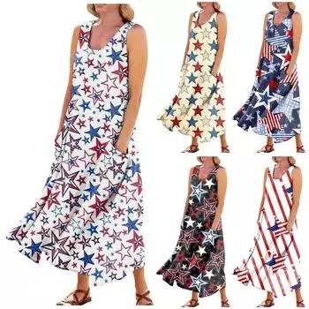 Женское повседневное удобное хлопковое платье с карманами без рукавов и принтом ко Дню независимости XXXXL синий