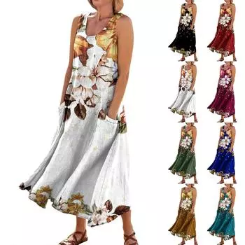 Женское повседневное удобное карманное платье без рукавов с цветочным принтом L армия зеленый