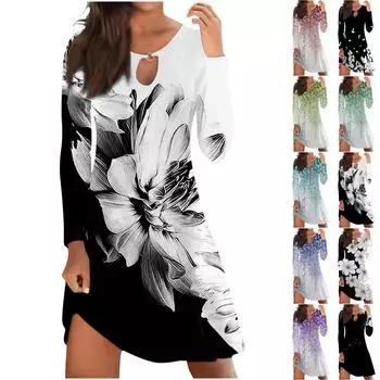 Женское повседневное удобное платье с длинными рукавами и большим распашным принтом на груди XXXL