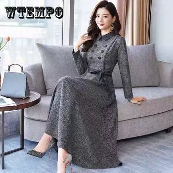 Женское повседневное вечернее платье трапециевидной формы, женское элегантное платье с длинными рукавами и пуговицами, модное офисное платье