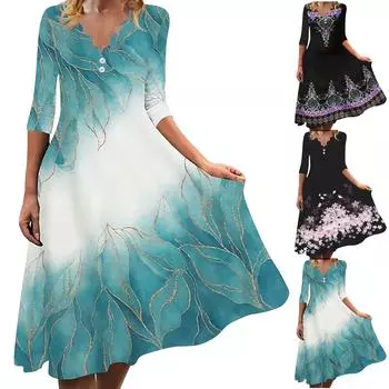Женское повседневное весенне-осеннее платье с волнистым v-образным вырезом и рукавами 3/4 с цветочным принтом L циан