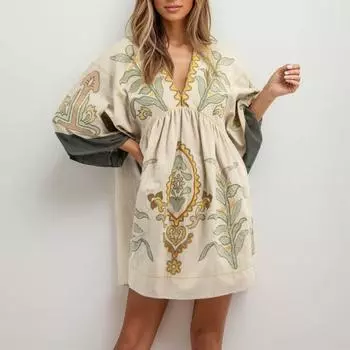 Женское повседневное вышитое платье с V-образным вырезом и рукавом 3/4, свободное ретро-мини-платье, летний темперамент, элегантная юбка длиной до колена XS бежевый