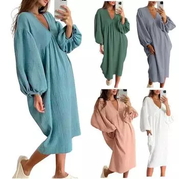 Женское повседневное жилое однотонное плиссированное платье с карманами и v-образным вырезом, хлопковое нарядное платье с пышными рукавами и длинными рукавами
