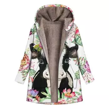 Женское повседневное зимнее пальто с длинными рукавами и длинными рукавами с крупным принтом на молнии и плюшевым капюшоном S