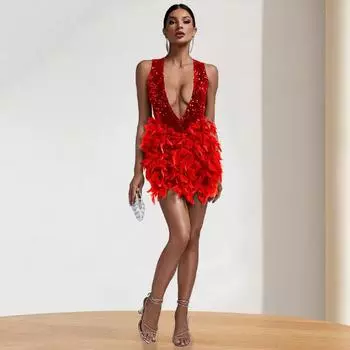 Женское пожилое легкое роскошное платье без рукавов с открытой ягодицей Pure Wind Deep V Halter Feather Dress S красный