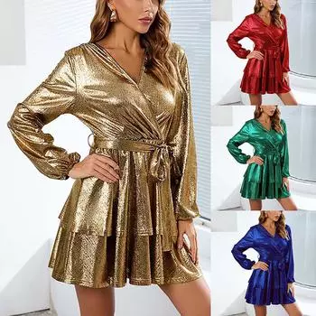 Женское праздничное блестящее платье, сексуальное платье для торта с двойным v-образным вырезом S золотой