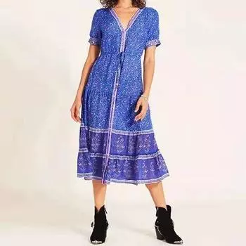 Женское праздничное летнее длинное макси-вечернее пляжное платье в стиле бохо L зелёный