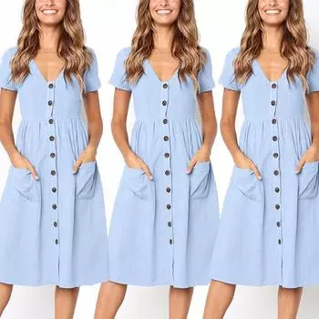 Женское праздничное летнее пляжное однотонное праздничное платье с короткими рукавами и пуговицами