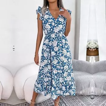 Женское праздничное платье без рукавов с высокой талией и V-образным вырезом на весну и лето с деревянным краем уха и цветком S белый
