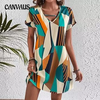 Женское праздничное платье Collision с коротким рукавом, летнее свободное платье средней длины с V-образным вырезом и трапециевидной формой S разноцветный