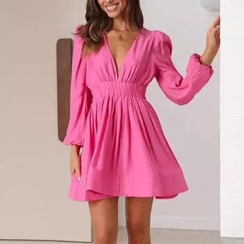 Женское праздничное платье Элегантное с V-образным вырезом и длинными рукавами Платья А-силуэта для женщин Модное однотонное офисное мини-платье S розовый