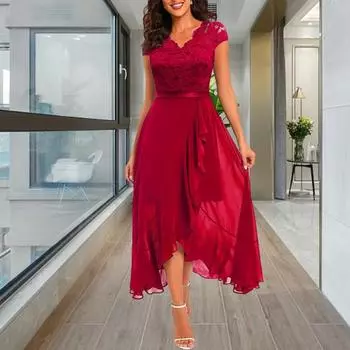 Женское праздничное платье, кружевное платье без рукавов с v-образным вырезом и рюшами, платье с нерегулярным подолом, с узкой талией и свободным подолом, женское платье для выпускного вечера L чёрный