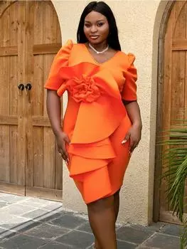 Женское праздничное платье облегающее оранжевое платье с короткими рукавами и большим цветочным принтом с оборками в стиле хип, африканское платье для выпускного вечера, свадебное платье для гостей, большое S оранжевый
