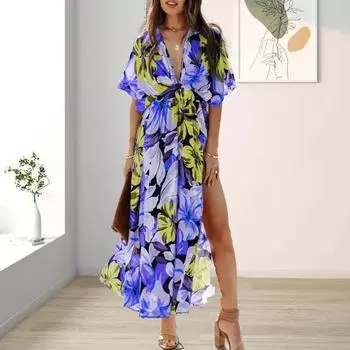 Женское праздничное платье с цветочным принтом Глубокий V-образный вырез с высокой талией и боковым разрезом Свободный подол для свиданий с короткими рукавами для отпуска Женское платье макси XL синий