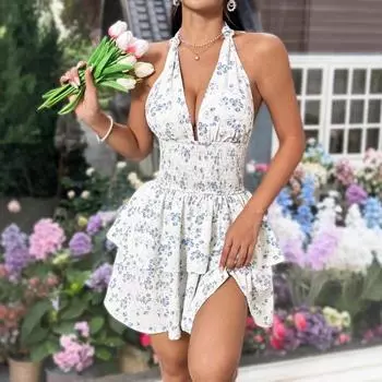 Женское праздничное платье с цветочным принтом и двойной оборкой на шее S розовый