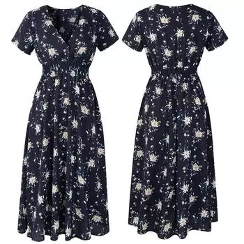 Женское праздничное платье с цветочным принтом и V-образным вырезом. Женское летнее платье. L тёмно-синий