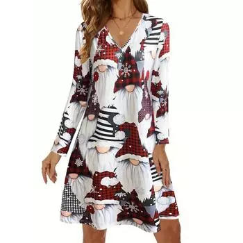 Женское праздничное платье с длинными рукавами и принтом Санты - V-образный вырез, повседневная ткань из полиэстера, можно стирать в стиральной машине - идеально для Рождества S белый