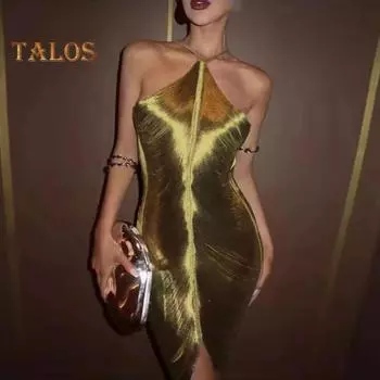 Женское праздничное платье с глянцевой кисточкой и бретелькой на шее, без рукавов, с разрезом подол, сплошной цвет, облегающее, с открытыми плечами, клубное вечернее банкетное мини-платье M серебряный