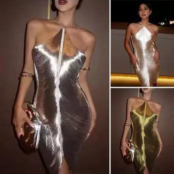 Женское праздничное платье с глянцевой кисточкой и бретелькой на шее, без рукавов, с разрезом подол, сплошной цвет, облегающее, с открытыми плечами, клубное вечернее банкетное мини-платье M серебряный