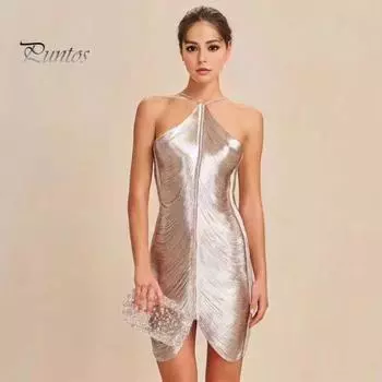 Женское праздничное платье с глянцевой кисточкой и бретелькой на шее, без рукавов, с разрезом подол, сплошной цвет, облегающее, с открытыми плечами, клубное вечернее банкетное мини-платье M серебряный