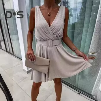 Женское праздничное платье с глубоким v-образным вырезом, плиссированное, без рукавов, однотонное, с поясом, с узкой талией, платье миди для выпускного вечера, вечернее платье M серебряный серый