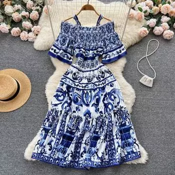 Женское праздничное платье с открытыми плечами в стиле ретро, модные летние новые сексуальные женские дизайнерские платья в дворцовом стиле S синий