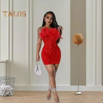 Женское праздничное платье с открытыми плечами, декор из перьев, без рукавов, с открытой спиной, однотонное, с блестящими пайетками, облегающее мини-платье для выпускного банкета S красный