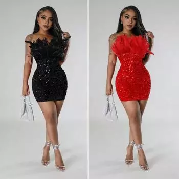 Женское праздничное платье с открытыми плечами, декор из перьев, без рукавов, с открытой спиной, однотонное, с блестящими пайетками, облегающее платье для выпускного вечера S красный