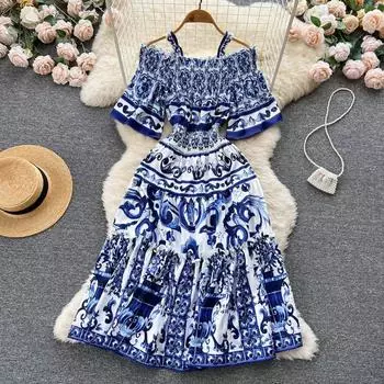 Женское праздничное платье с открытыми плечами в стиле ретро, модные летние новые сексуальные женские дизайнерские платья в дворцовом стиле S синий
