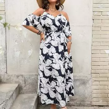 Женское праздничное платье с принтом весна/лето с разрезом, длинное платье с халтером 1XL чёрный