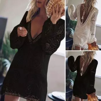 Женское праздничное платье с V-образной спиной и открытой спиной, бикини, накидка, свободные длинные рукава с кисточками и низким вырезом S белый