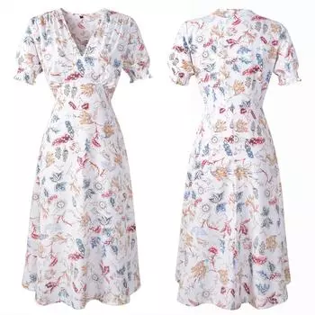 Женское праздничное платье с V-образным вырезом и принтом, женское вечернее пляжное платье с коротким рукавом S белый