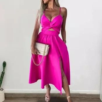 Женское праздничное платье с вырезом на тонких бретельках, без рукавов, с открытой спиной, с глубоким вырезом и V-образным вырезом, плиссированное, однотонное S розы красного