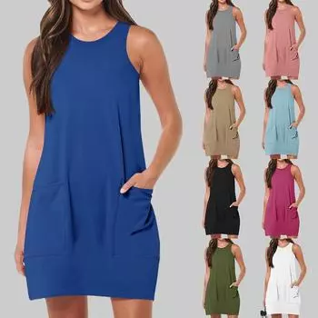 Женское праздничное платье с жилетом и карманами без рукавов, летние повседневные свободные платья-майки