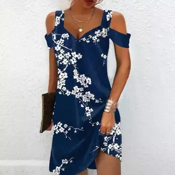 Женское праздничное платье со свободным подолом и цветочным принтом с v-образным вырезом и открытыми плечами без рукавов для свиданий длиной выше колена, винтажное женское мини-платье, женская одежда XL синий