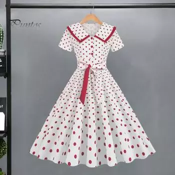 Женское праздничное платье Vinatge, большой подол, контрастный цвет, точечный принт, высокая талия с поясом, молния сзади, короткий рукав, кукольный воротник, 50-е, 60-е годы, выпускной, свадьба, принцесса 2XL красный