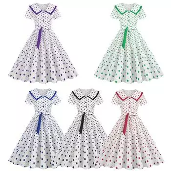 Женское праздничное платье Vinatge, большой подол, контрастный цвет, точечный принт, высокая талия с поясом, молния сзади, короткий рукав, кукольный воротник, 50-е, 60-е годы, выпускной, свадьба, принцесса S чёрный