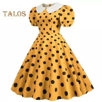 Женское праздничное платье Vinatge с большим подолом, контрастным цветом, точечным принтом, высокой талией, молнией сзади, короткими рукавами-пузырьками, кукольным воротником, 50-х, 60-х годов, свадебное платье принцессы для выпускного вечера S чёрный