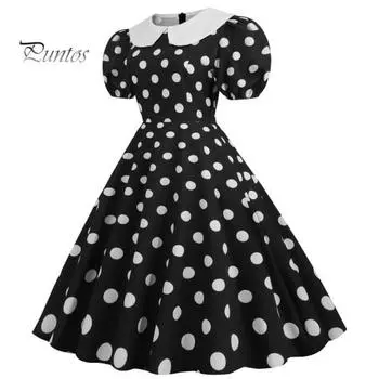 Женское праздничное платье Vinatge с большим подолом, контрастным цветом, точечным принтом, высокой талией, молнией сзади, короткими рукавами-пузырьками, кукольным воротником, 50-х, 60-х годов, свадебное платье принцессы для выпускного вечера S синий