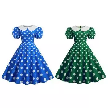 Женское праздничное платье Vinatge с большим подолом, контрастным цветом, точечным принтом, высокой талией, молнией сзади, короткими рукавами-пузырьками, кукольным воротником, 50-х, 60-х годов, свадебное платье принцессы для выпускного вечера S синий
