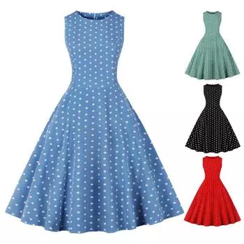 Женское праздничное платье в горошек с круглым вырезом без рукавов трапециевидной формы с большой распашной узкой талией в стиле ретро на молнии сзади дышащее платье для выпускного банкета летнее платье миди 2XL чёрный